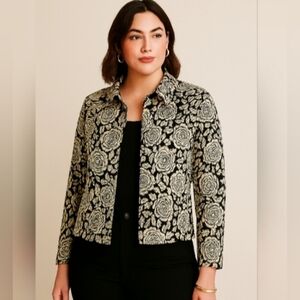 Villager Woman Floral Rose Graphic Pattern Blazer Black White 18W